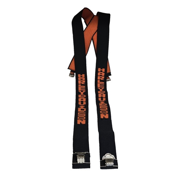 VTG Harley Davidson Suspenders Adj Black Orange HD Logo Leather Back ID Patch - Picture 3 of 14